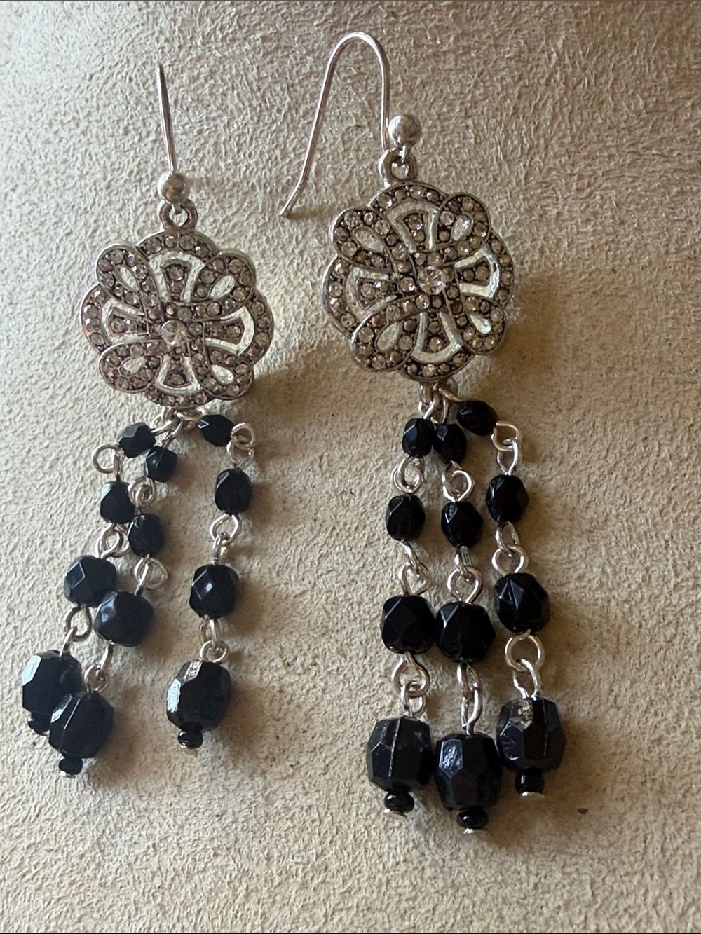Forth & Towne Crystal Medallion Drop Earrings with Black Oynx Faceted Beads!